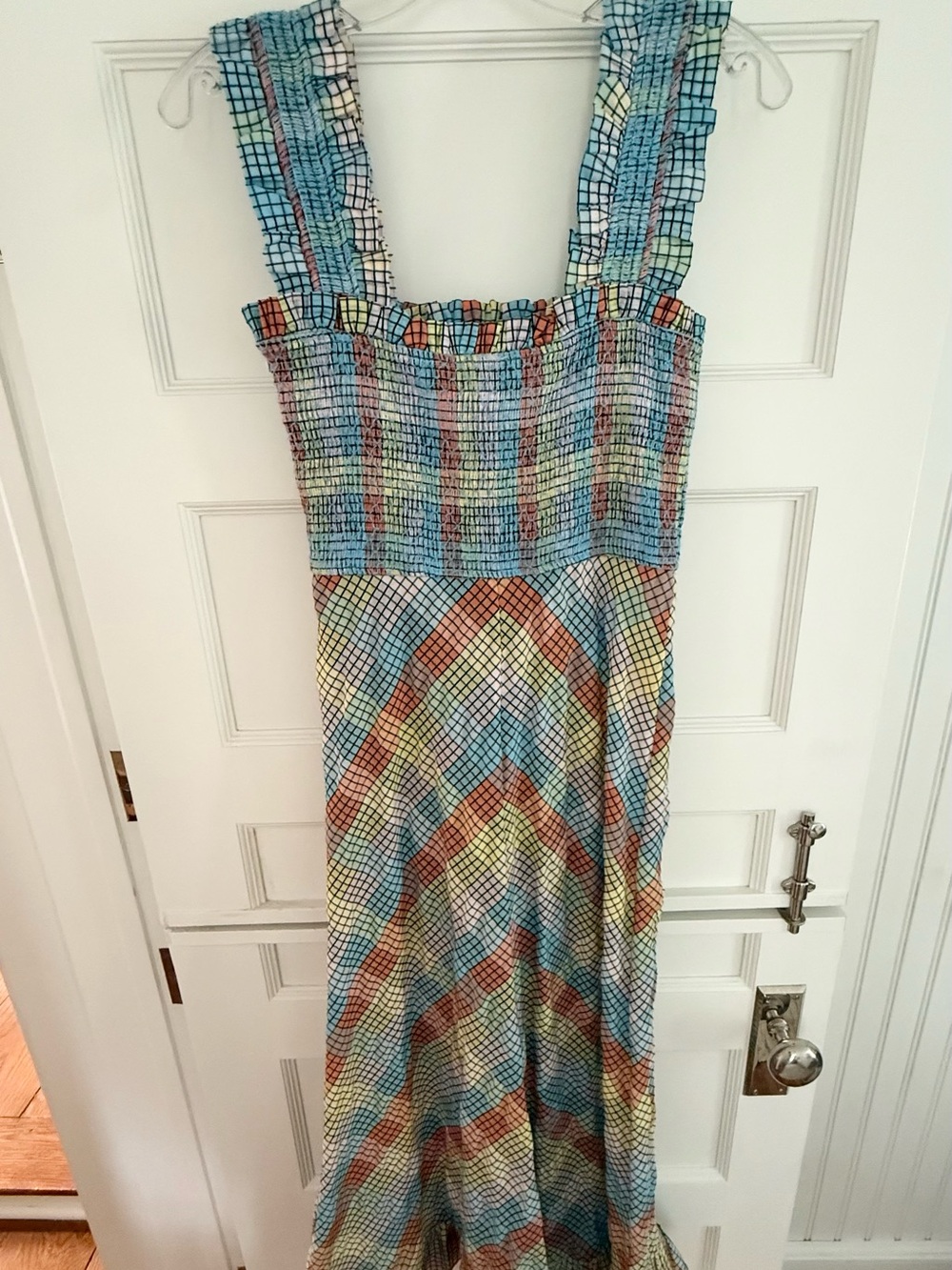 Smocked Multicolor Maxi Dress - Blue, Coral & Yellow